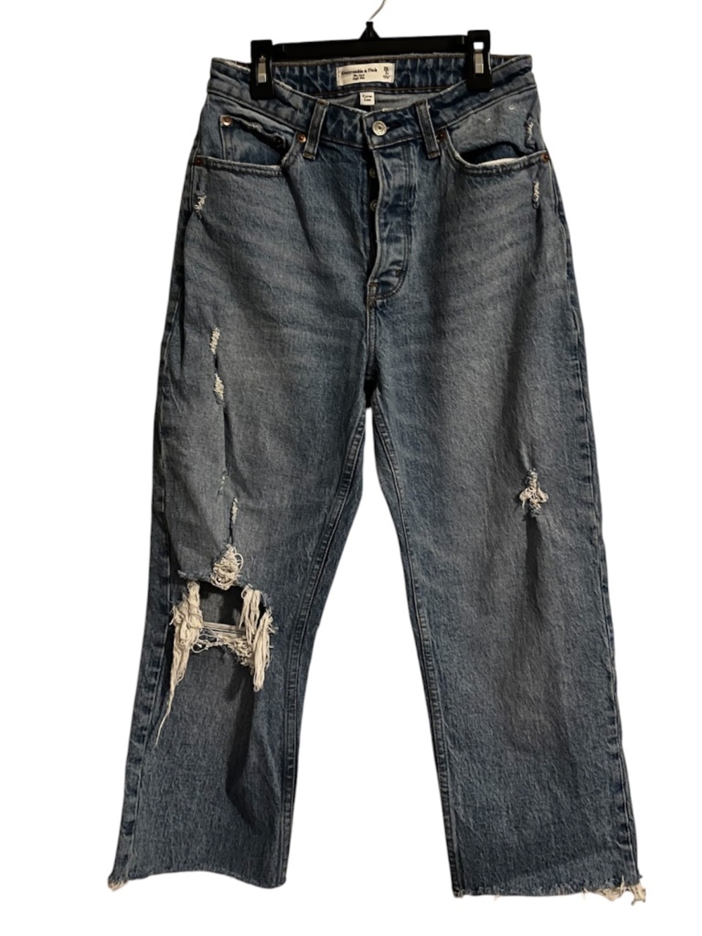 Abercrombie & Fitch Blue ‘The Dad High Rise Curve Love’ Ripped Raw Hem Jeans 26